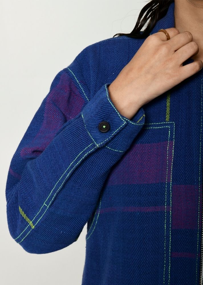 A Model Wearing Blue Handwoven Cotton Recycle Daiki Shacket, curated by Only Ethikal