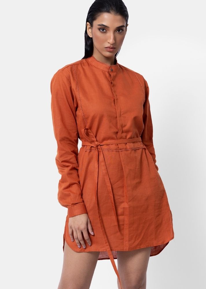 A Model Wearing Orange Pure Cotton THE SUNSET SHIRT DRESS/ LONG SHIRT, curated by Only Ethikal