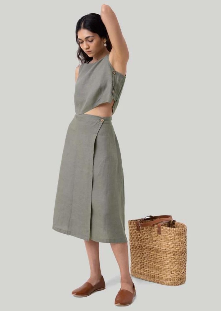A Model Wearing Grey Hemp Overlap Midi Skirt Grey, curated by Only Ethikal