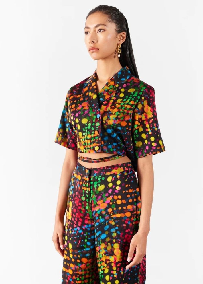 A Model Wearing Multicolor Organic Cupro Wildflower Print Crop Blazer And Pants Co-Ord, curated by Only Ethikal