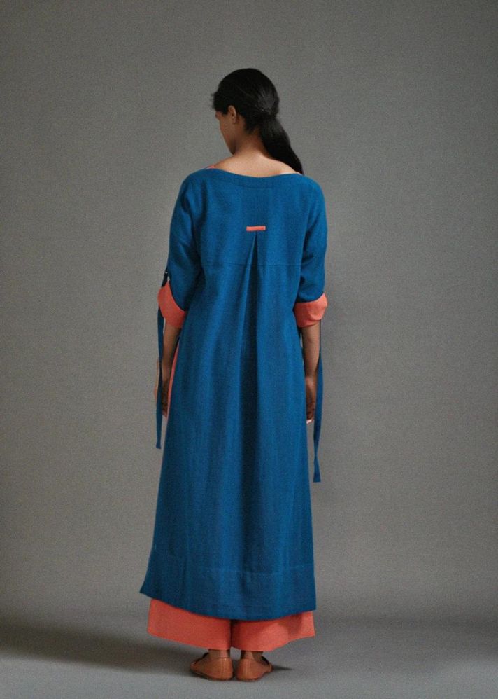 A Model Wearing Blue Handwoven Cotton New Ruka Tunic Set , curated by Only Ethikal
