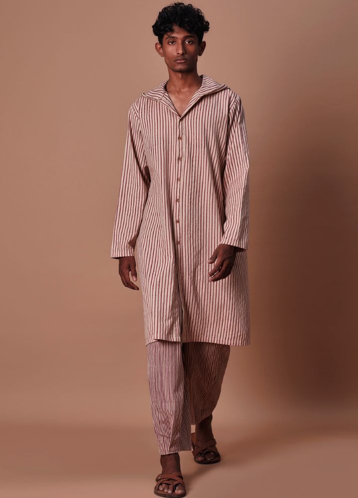 A Model Wearing  Striped Multicolor Pure Cotton Men's Hooded Mauve Striped Set, curated by Only Ethikal