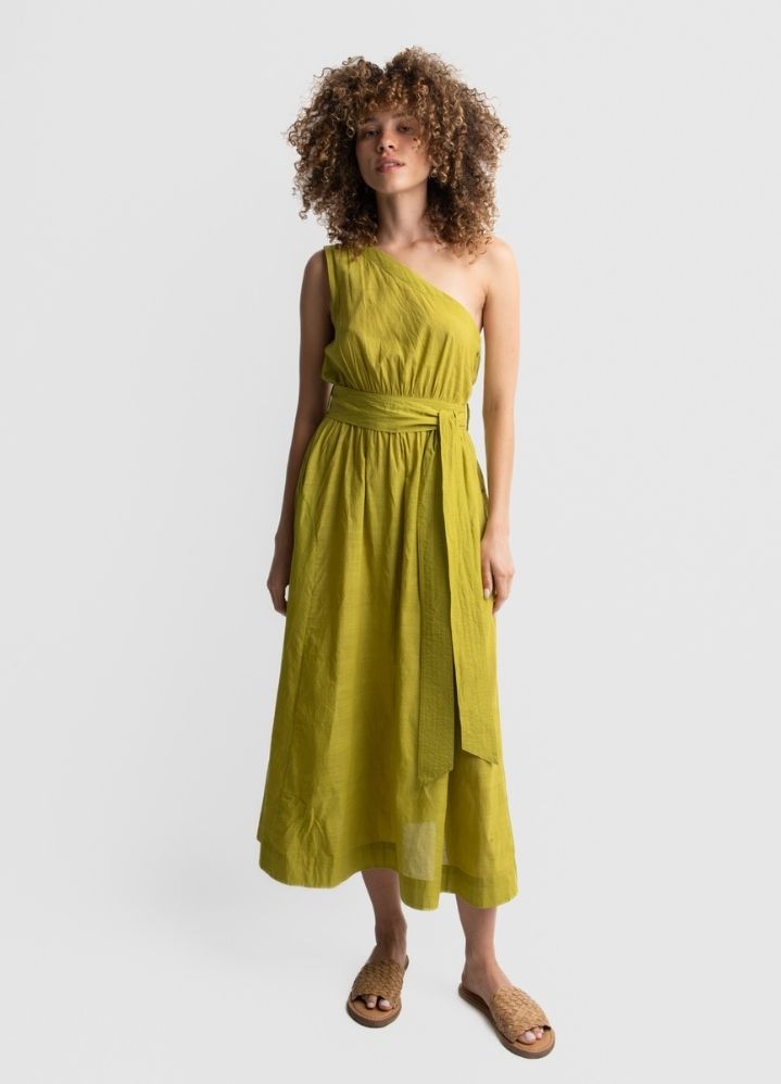 A Model Wearing Green Handwoven Cotton Juniper one-shoulder dress, curated by Only Ethikal