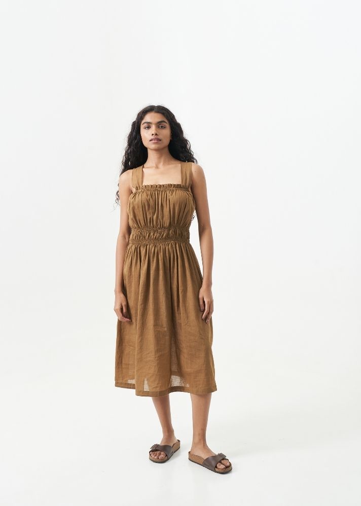 A Model Wearing Brown Handwoven Cotton Caramel brown midi dress, curated by Only Ethikal