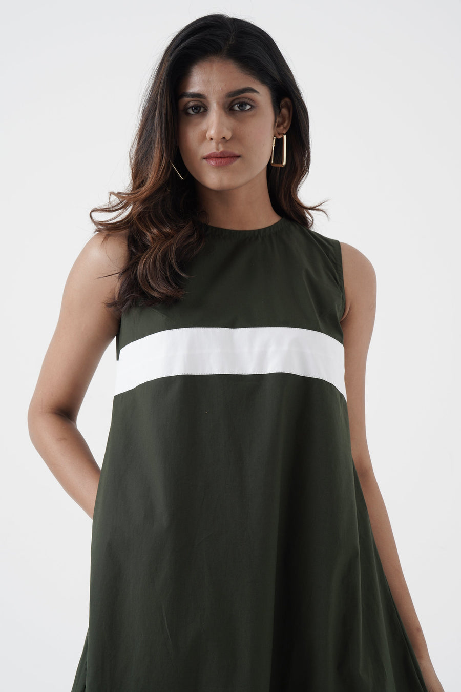 A Model Wearing Green Pure Cotton Eurythmic - White patti on chest dress - Green, curated by Only Ethikal