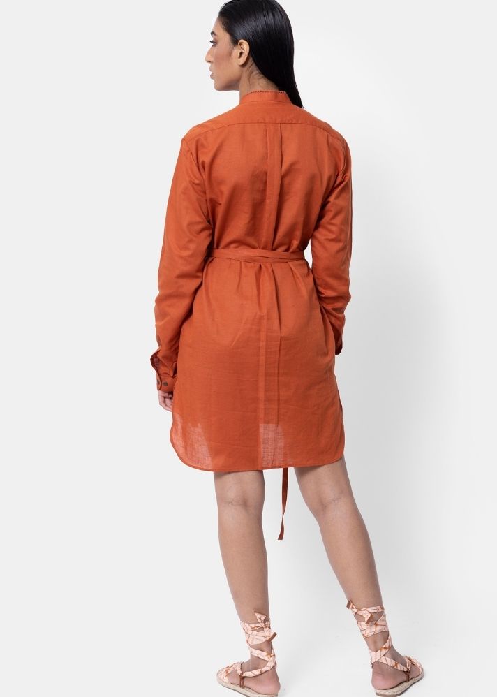 A Model Wearing Orange Pure Cotton THE SUNSET SHIRT DRESS/ LONG SHIRT, curated by Only Ethikal