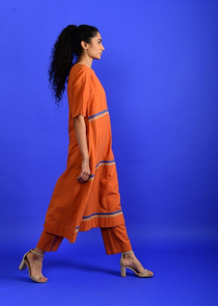 A Model Wearing Orange Handwoven Cotton Orange Popsicle Co-Ord Set , curated by Only Ethikal