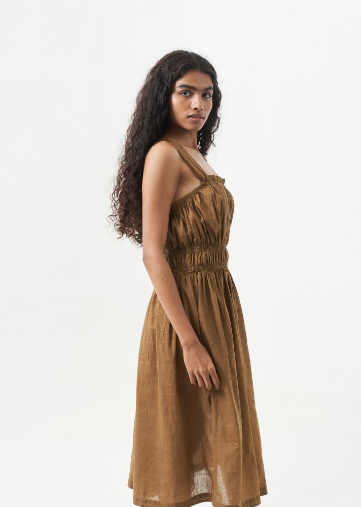 A Model Wearing Brown Handwoven Cotton Caramel brown midi dress, curated by Only Ethikal