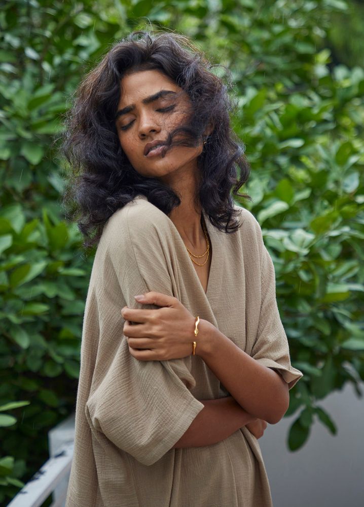 A Model Wearing  Beige Pure Cotton Hazel Kaftan, curated by Only Ethikal