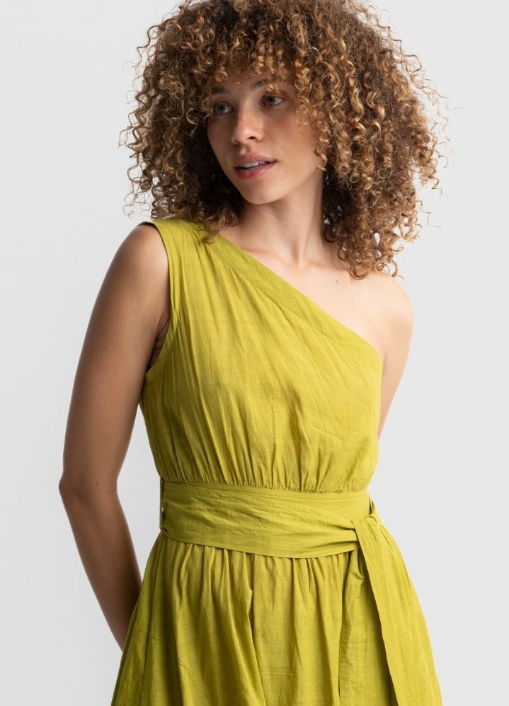 A Model Wearing Green Handwoven Cotton Juniper one-shoulder dress, curated by Only Ethikal