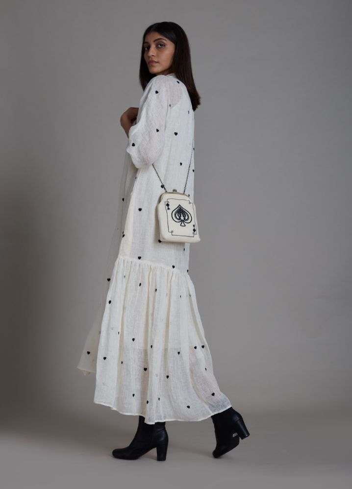 A Model Wearing White Linen Tiny Heart Dress- Oatmeal, curated by Only Ethikal