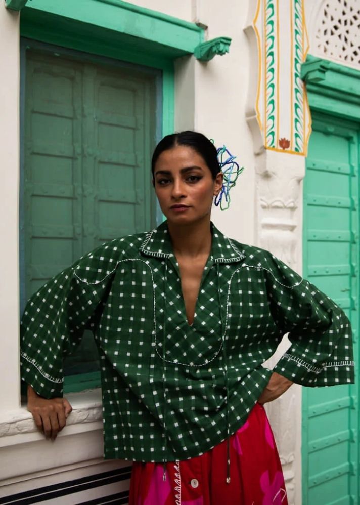 A Model Wearing Green Handloom cotton Bari Blouse, curated by Only Ethikal