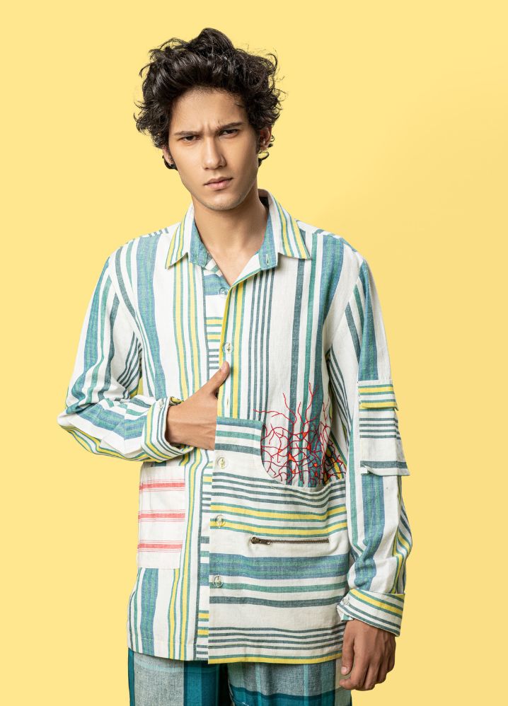 A model wearing Striped Multicolor Handwoven Cotton Safari Shirt, curated by Only Ethikal