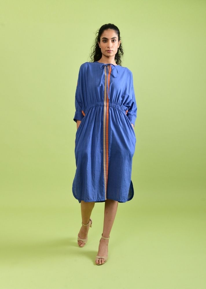 A Model Wearing Blue Handwoven Cotton Simply Purple Dress, curated by Only Ethikal
