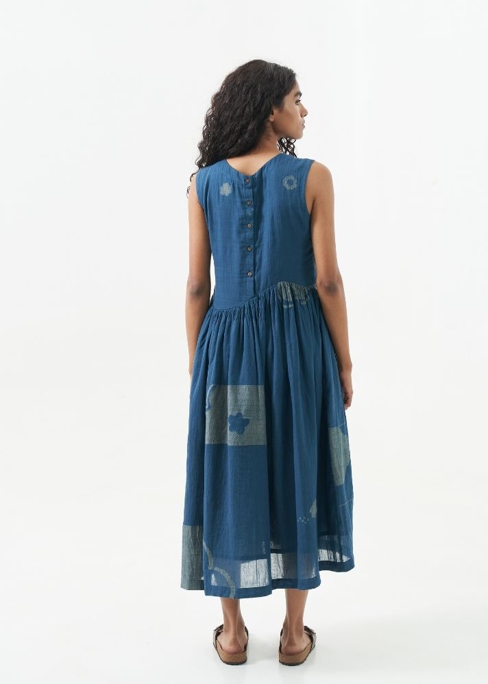 A Model Wearing Blue Handwoven Cotton Prussian blue midi dress, curated by Only Ethikal