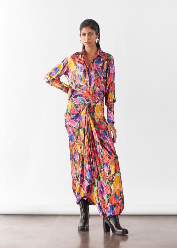 A Model Wearing Multicolor Organic Cupro Petunia Shirt & Draped Skirt Co-Ord, curated by Only Ethikal