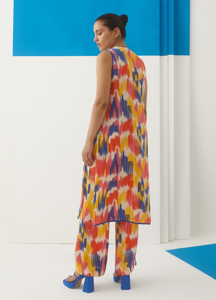 A Model Wearing  Digital Print Multicolor Bemberg Ikat Kurta With Trousers, curated by Only Ethikal