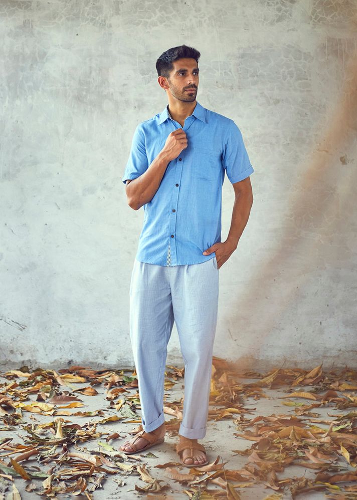 A Model Wearing Blue Pure Cotton Underline Shirt, curated by Only Ethikal