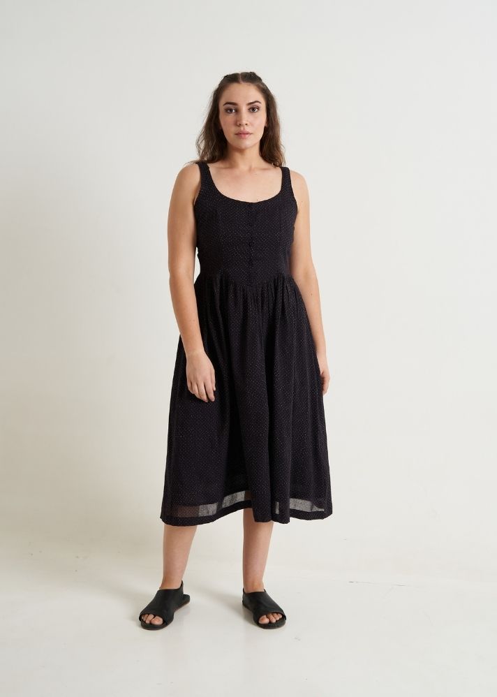 A Model Wearing Black Handwoven Cotton Darling gathered Dress, curated by Only Ethikal