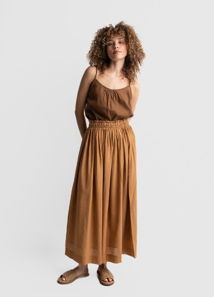 A Model Wearing Brown Handwoven Cotton Matte brown gathered skirt, curated by Only Ethikal