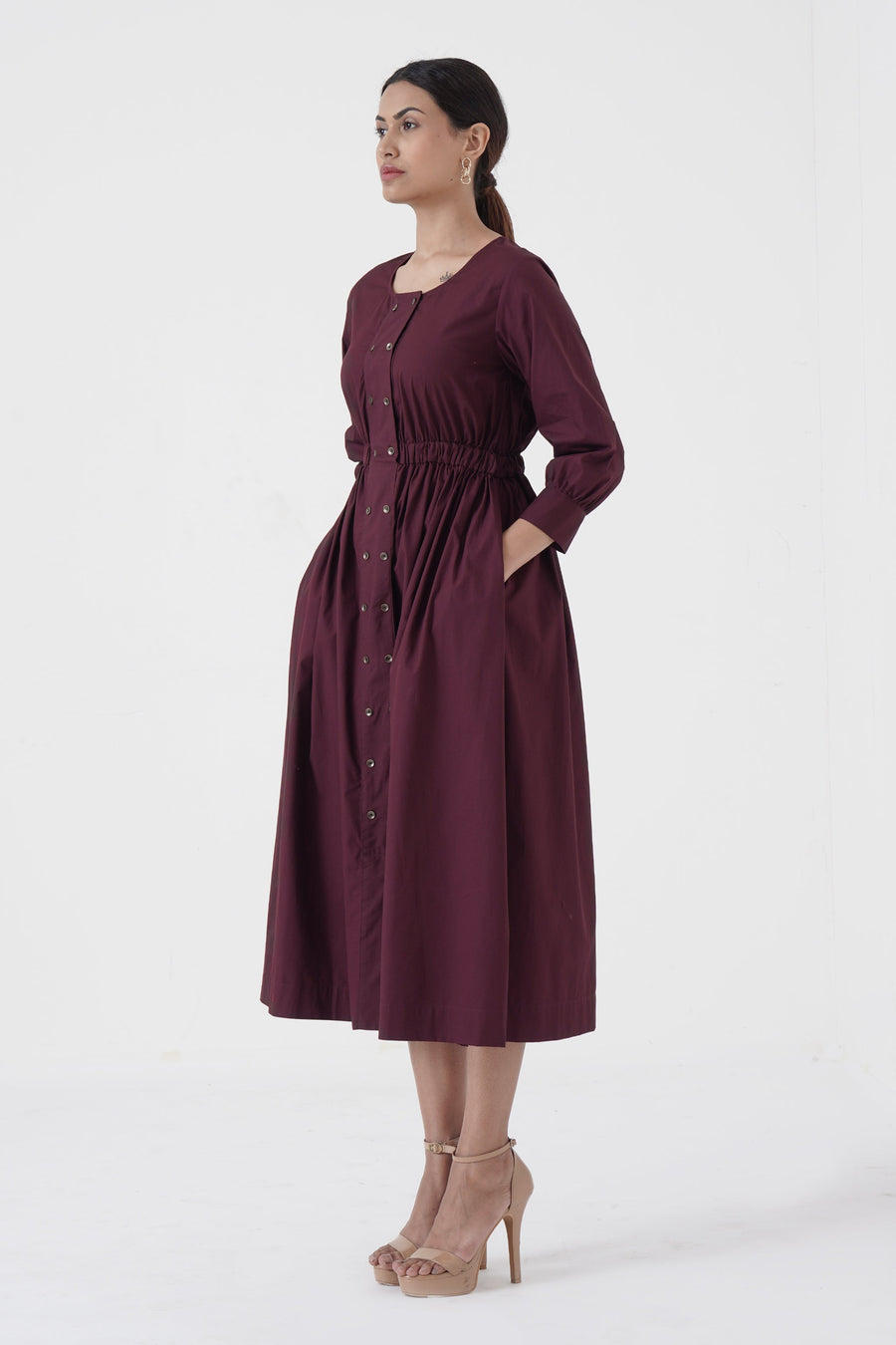 A Model Wearing Brown Pure Cotton Euphoric- Double button placket dress- Wine, curated by Only Ethikal