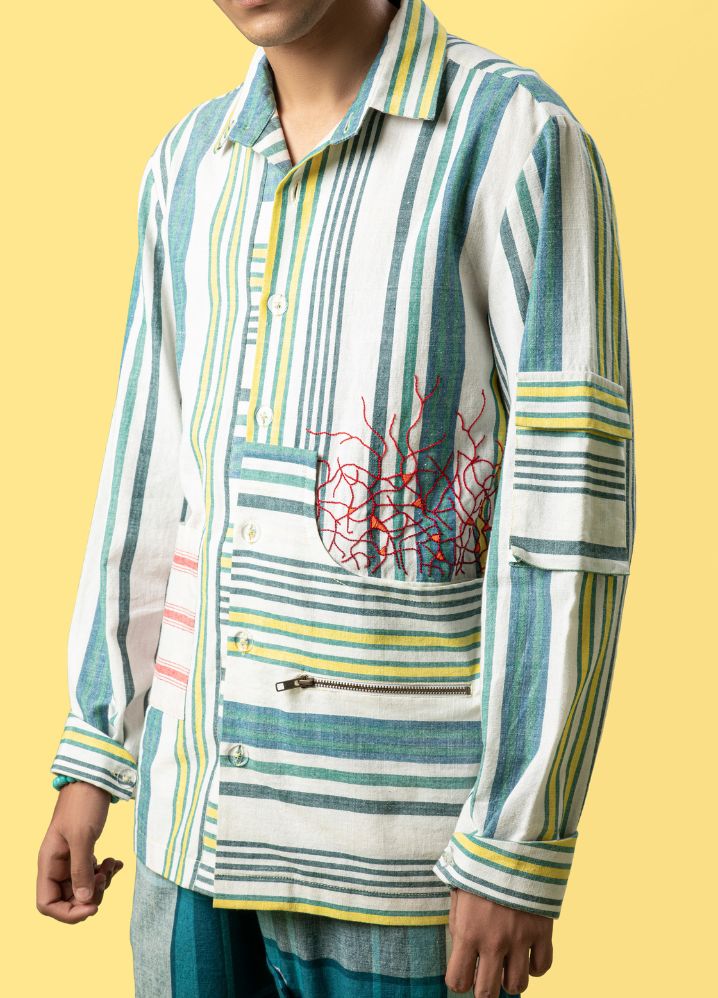 A model wearing Striped Multicolor Handwoven Cotton Safari Shirt, curated by Only Ethikal