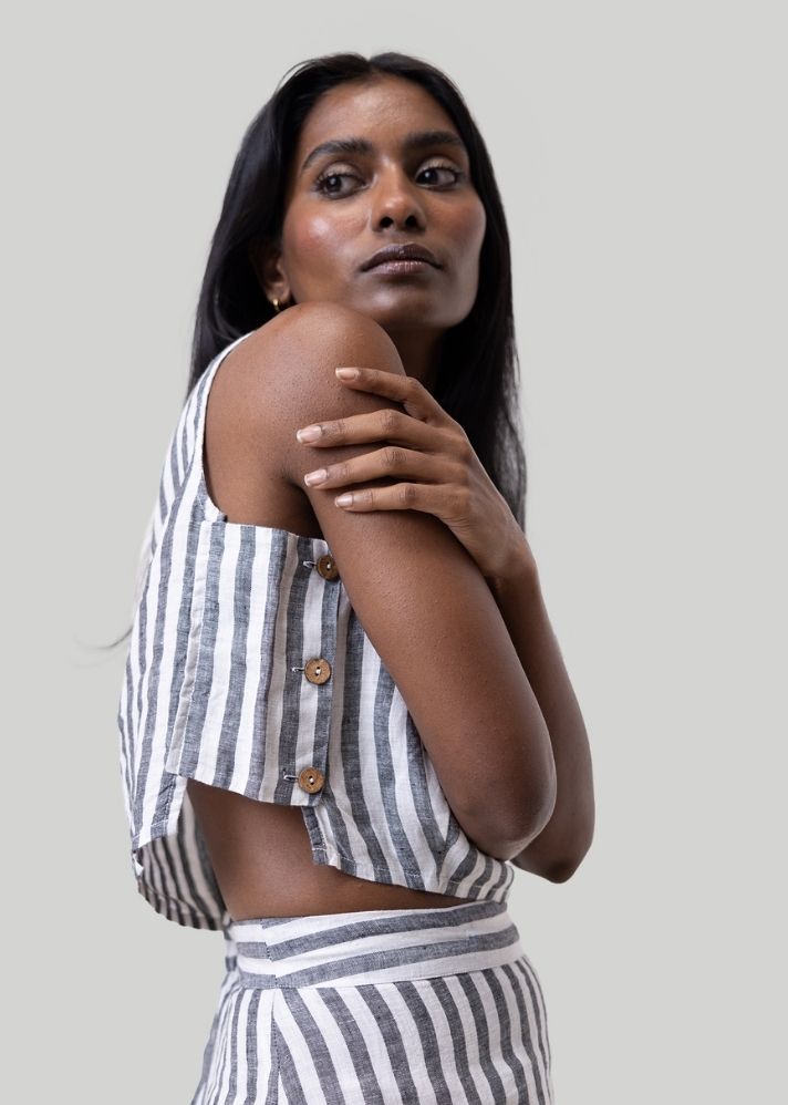 A Model Wearing Multicolor Linen Boxy Crop Top Multicolor, curated by Only Ethikal