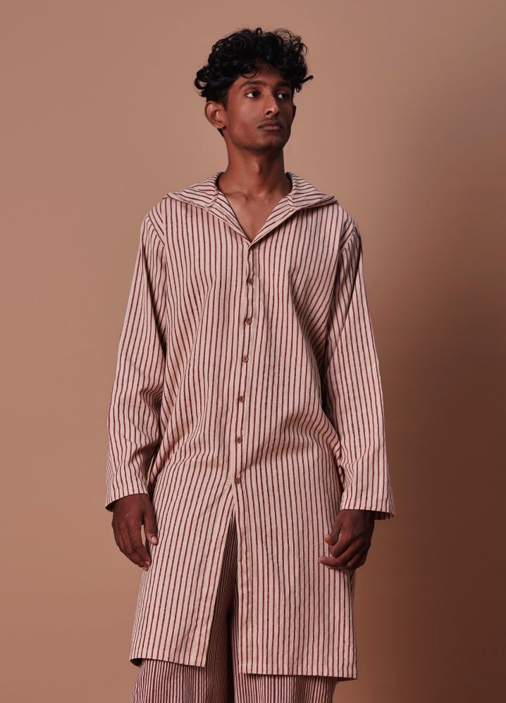 A Model Wearing  Striped Multicolor Pure Cotton Men's Hooded Mauve Striped Set, curated by Only Ethikal