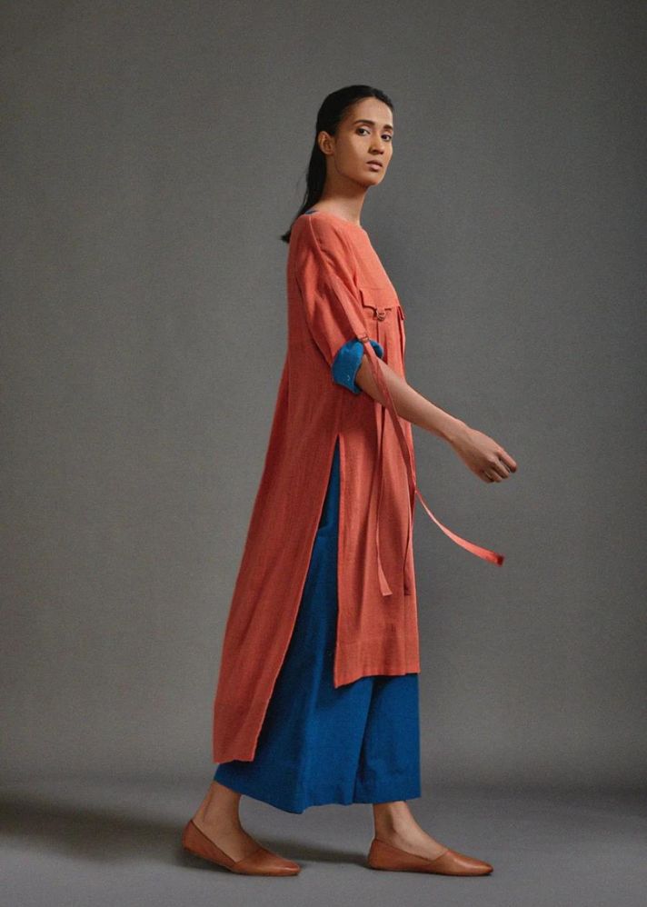 A Model Wearing Rust and blue Handwoven Cotton New Ruka Tunic Set , curated by Only Ethikal