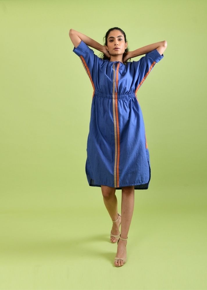 A Model Wearing Blue Handwoven Cotton Simply Purple Dress, curated by Only Ethikal