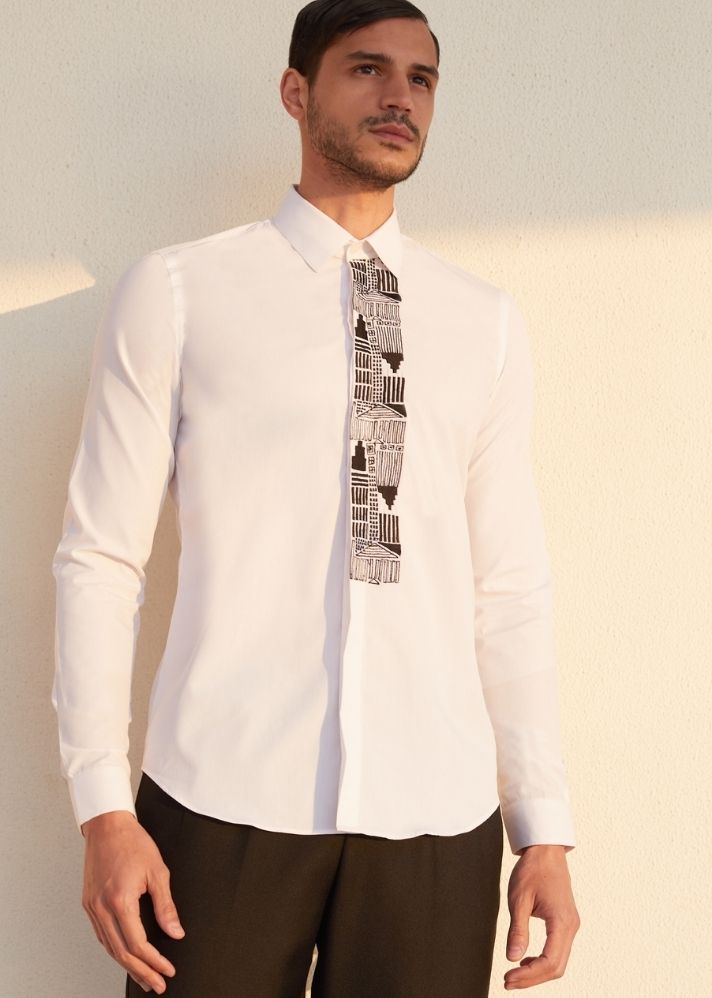 A Model Wearing White Pure Cotton THE MINAR SHIRT, curated by Only Ethikal