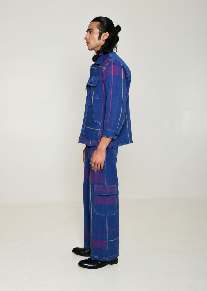 A Model Wearing Blue Handwoven Cotton Recycle Yamato Shacket, curated by Only Ethikal