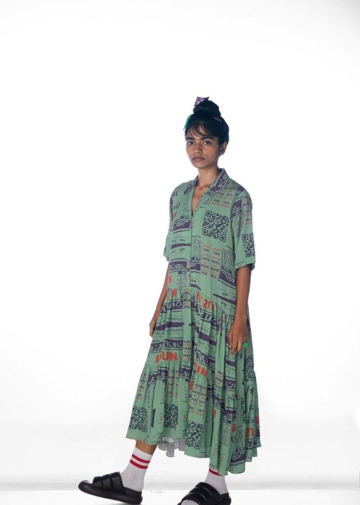 A Model Wearing Green Lyocell Calender Dress, curated by Only Ethikal