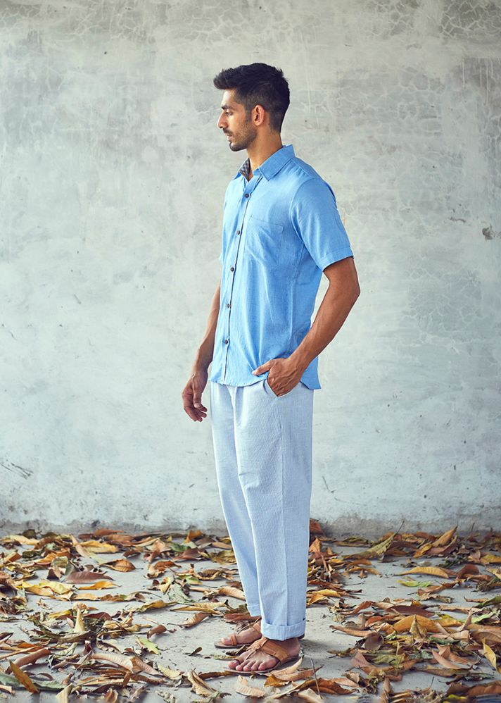A Model Wearing Blue Pure Cotton Underline Shirt, curated by Only Ethikal