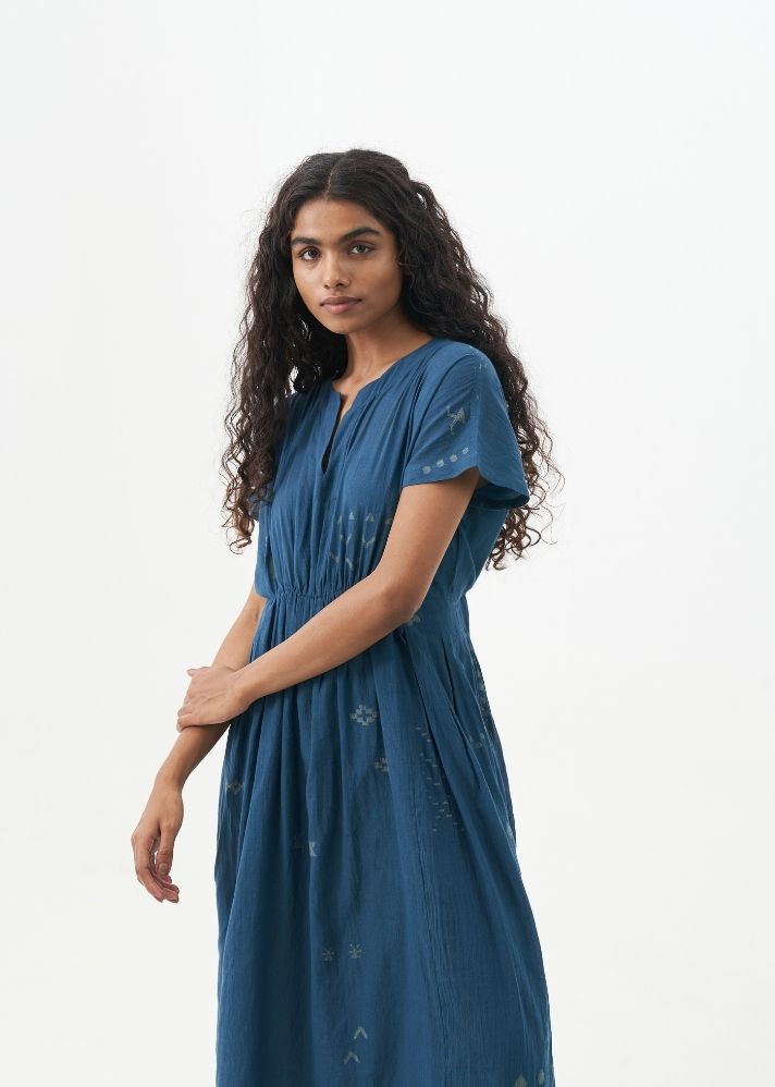 A Model Wearing Blue Handwoven Cotton Prussian Blue Waist Midi Dress, curated by Only Ethikal