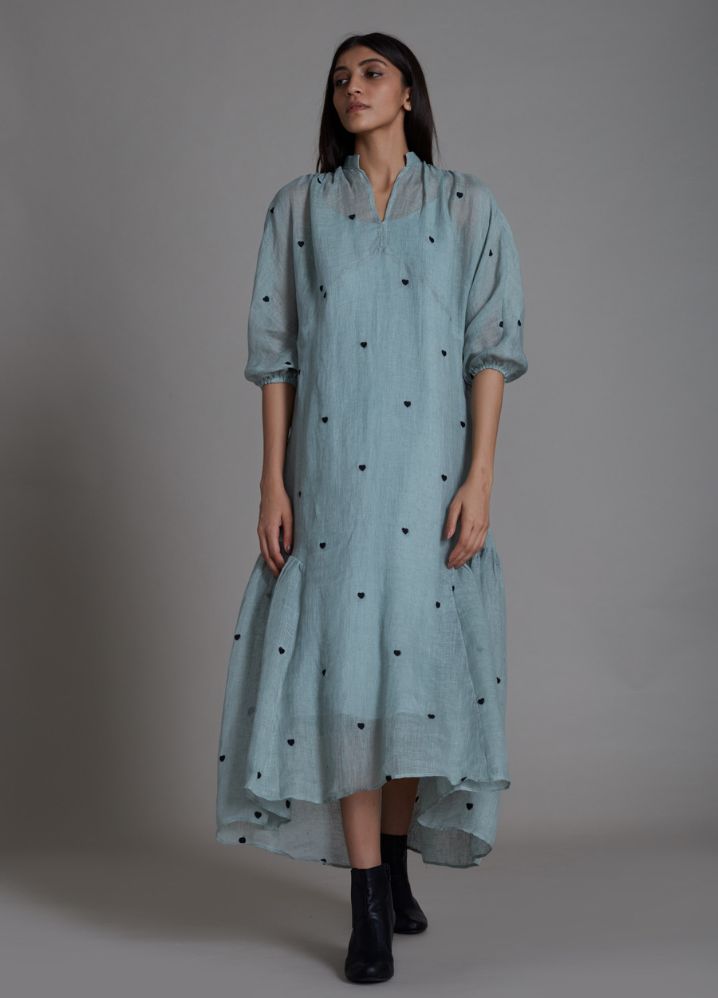 A Model Wearing Blue Linen Tiny Heart Dress- Blue, curated by Only Ethikal
