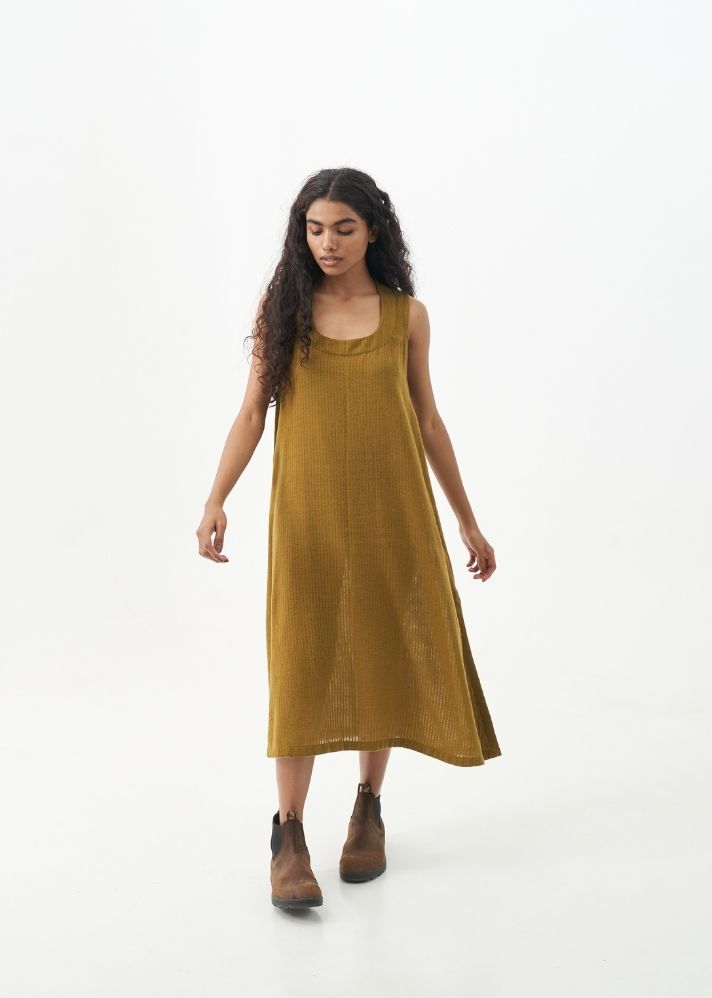 A Model Wearing Brown Handwoven Cotton Classic Mustard midi Dress, curated by Only Ethikal
