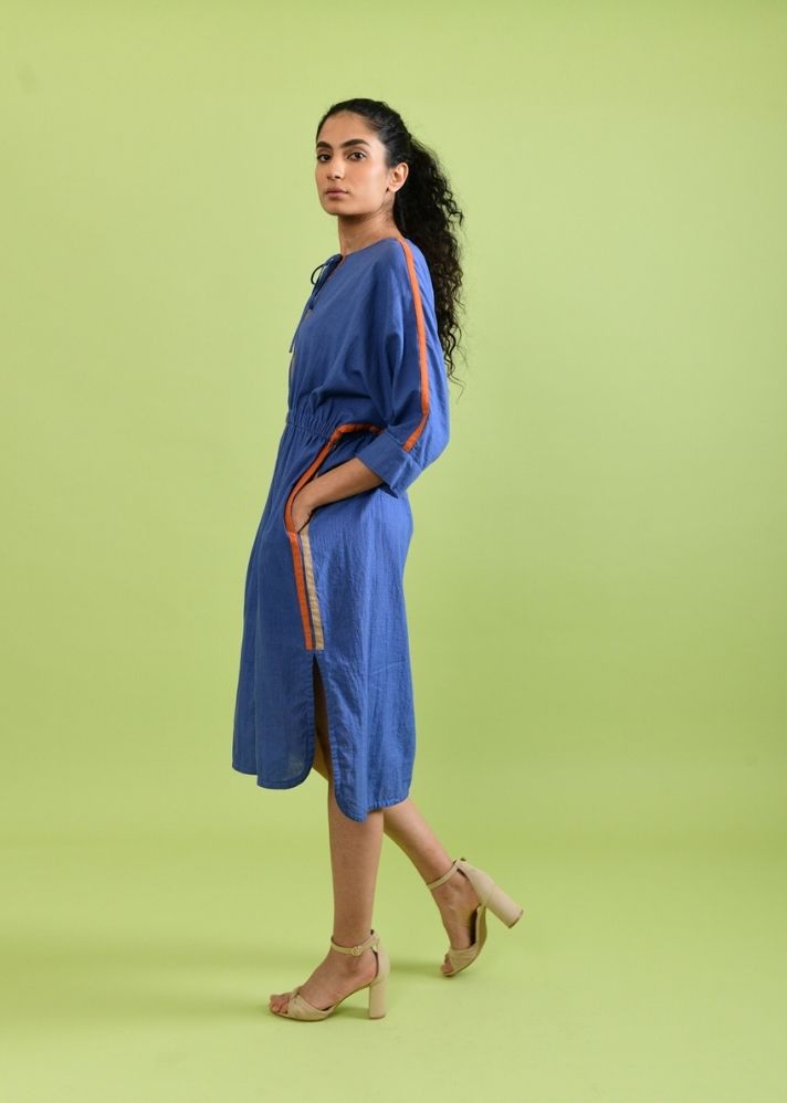 A Model Wearing Blue Handwoven Cotton Simply Purple Dress, curated by Only Ethikal