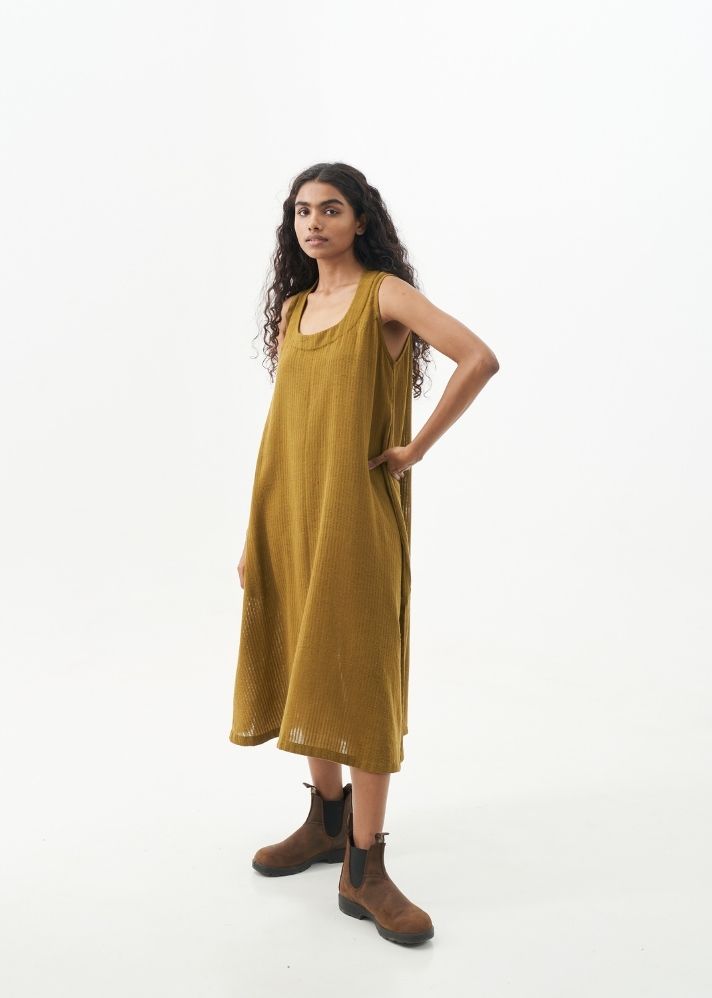 A Model Wearing Brown Handwoven Cotton Classic Mustard midi Dress, curated by Only Ethikal