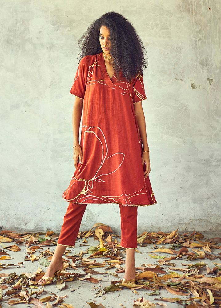A Model Wearing Red Pure Cotton Kesari Kurta Set, curated by Only Ethikal