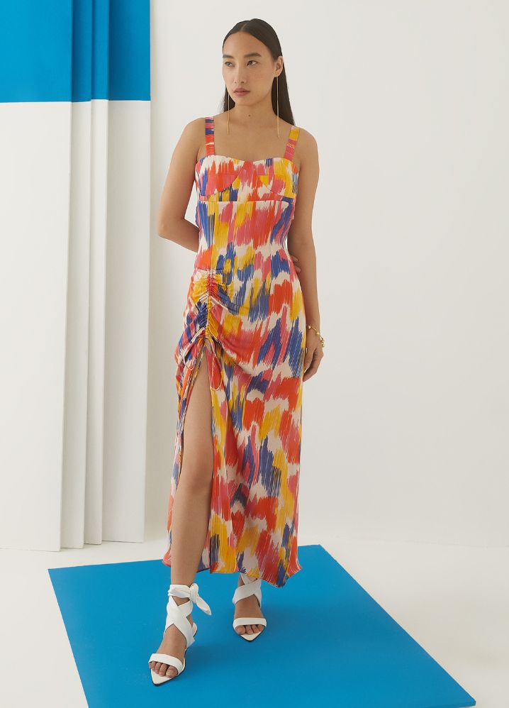 A Model Wearing  Digital Print Multicolor Bemberg Ikat Strappy Dress, curated by Only Ethikal