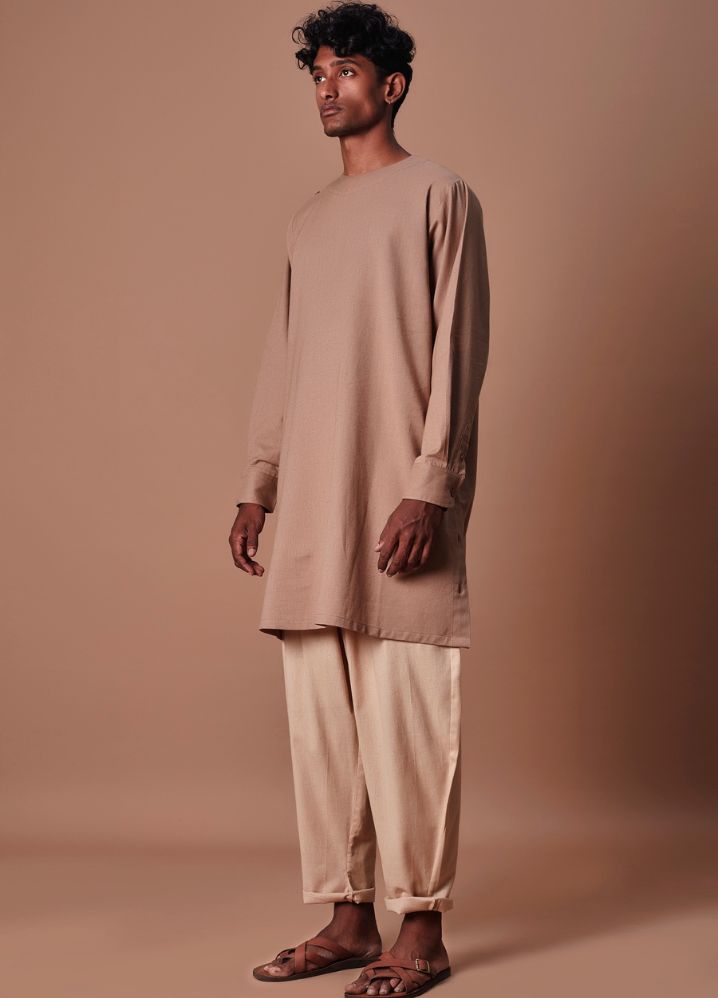 A Model Wearing  Brown Pure Cotton Men's Brown Side Buttoned Kurta, curated by Only Ethikal
