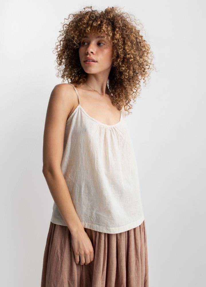 A Model Wearing White Handwoven Cotton Off white cami top, curated by Only Ethikal