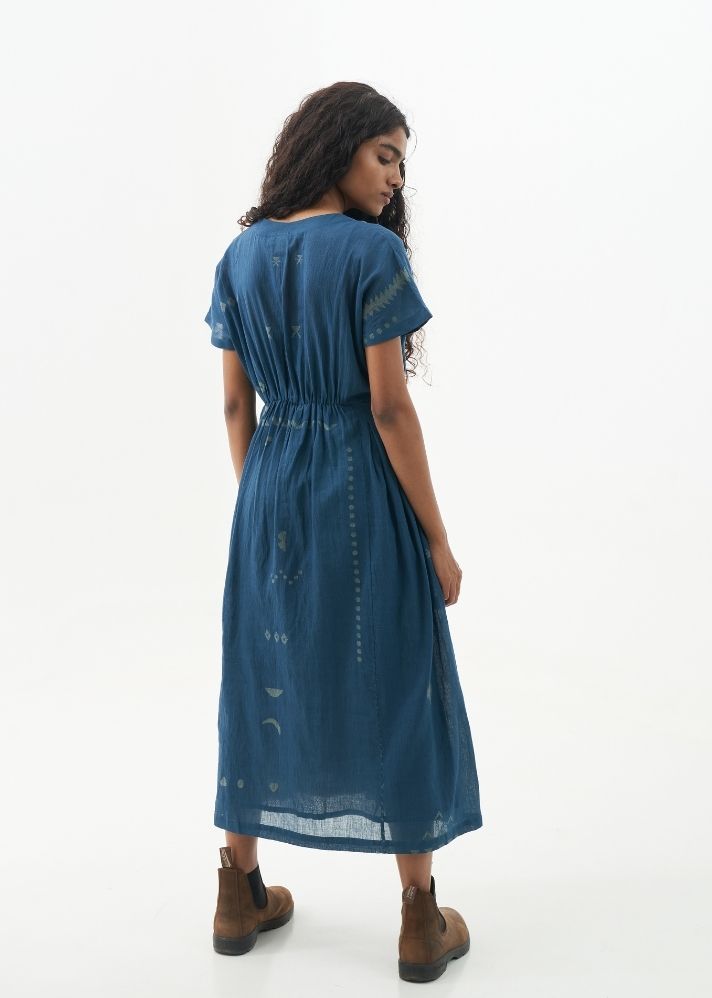 A Model Wearing Blue Handwoven Cotton Prussian Blue Waist Midi Dress, curated by Only Ethikal