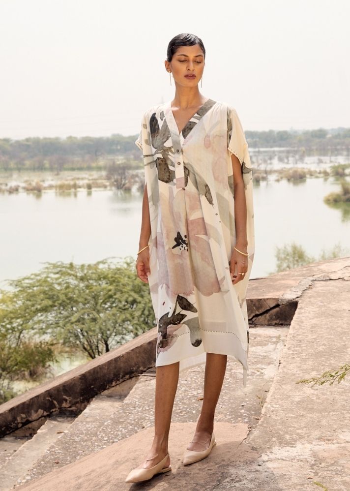 A Model Wearing Multicolor Pure Cotton Ibis Kaftan Dress, curated by Only Ethikal