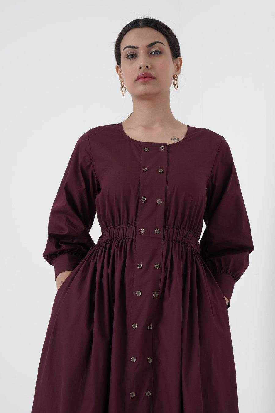 A Model Wearing Brown Pure Cotton Euphoric- Double button placket dress- Wine, curated by Only Ethikal