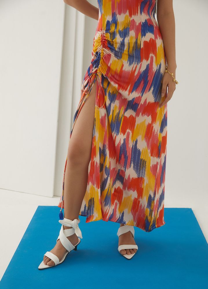A Model Wearing  Digital Print Multicolor Bemberg Ikat Strappy Dress, curated by Only Ethikal