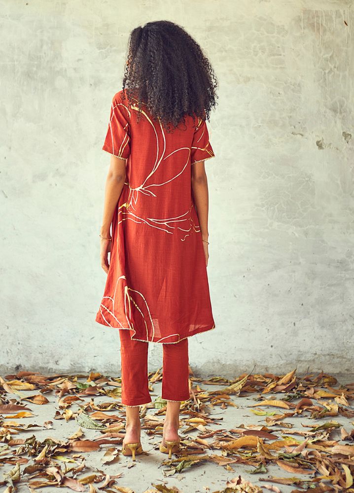 A Model Wearing Red Pure Cotton Kesari Kurta Set, curated by Only Ethikal