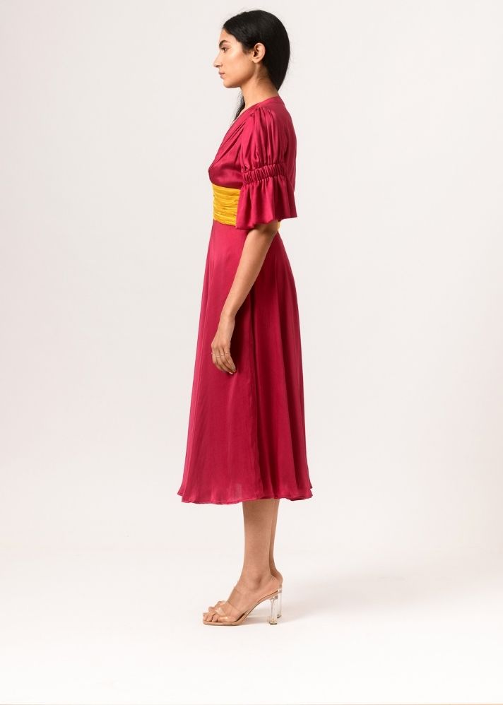 Wine-Yellow Rouching Dress