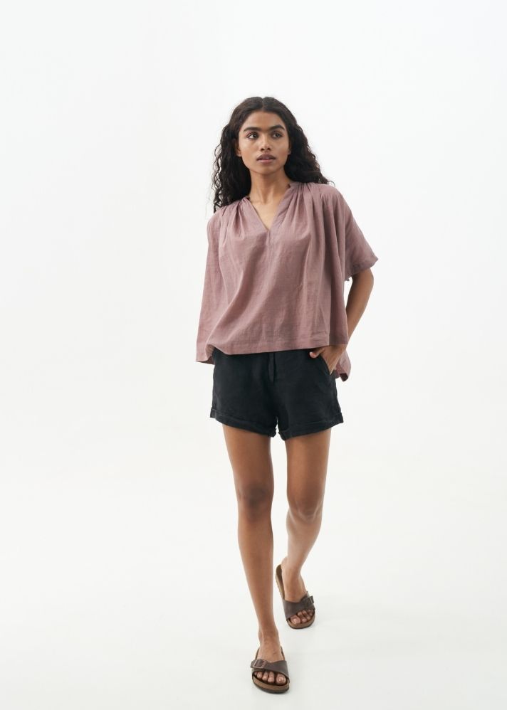 A Model Wearing Pink Handwoven Cotton Garnet Pink loose-fit Top, curated by Only Ethikal